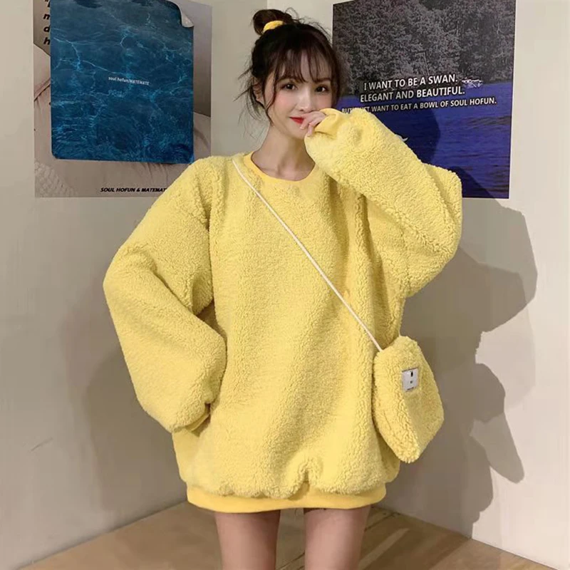 

Lucyever Women's Faux Lamb Cashmere Sweatshirt Solid Warm Plush Thick Loose Pullover Woman Korean Sweet Loose Students Coat Top