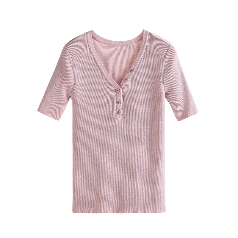 

Solid Color Scheming Short-Sleeved Sweater Women's Top 2021 Summer Women's Sunken Stripe Solid Color Knitted T-shirt
