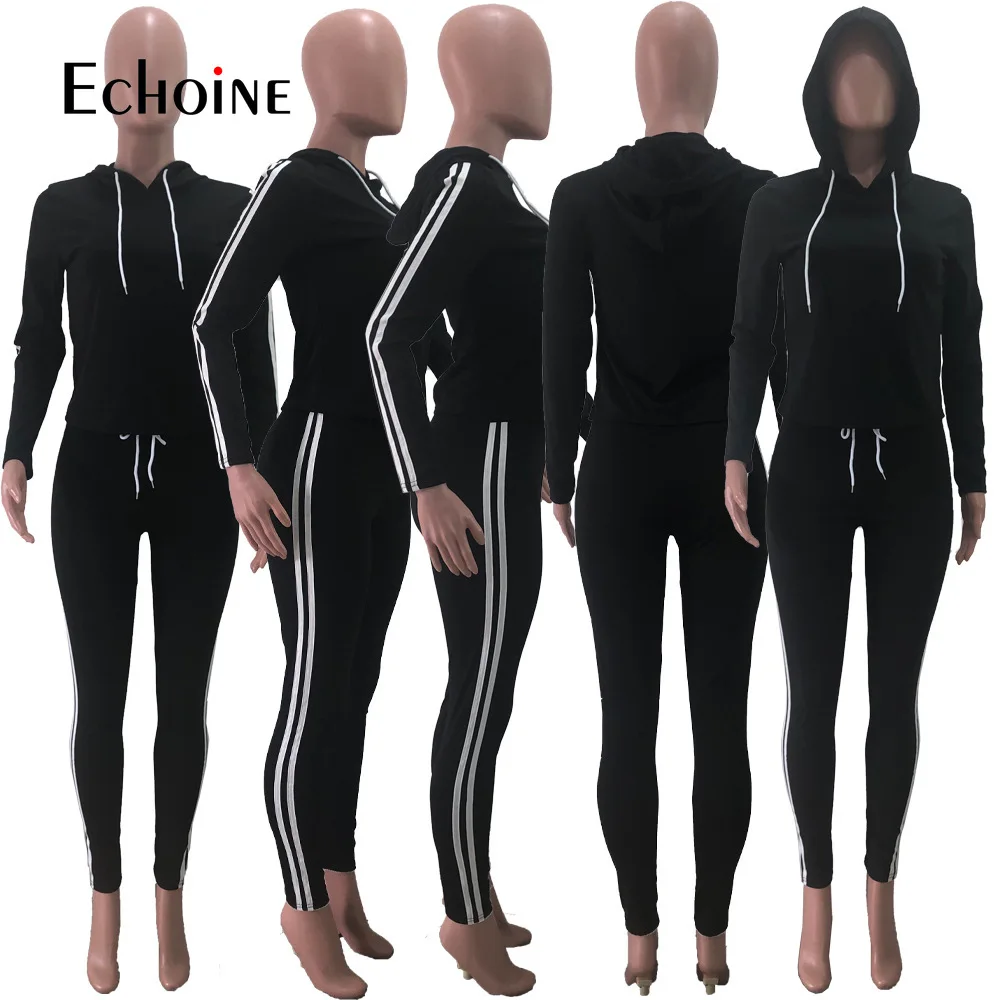 

Echoine Women Autumn Tracksuit Solid Color Drawstring Hooded Patchwork Tops & Lace Up Trousers Fashion Sports Two Piece Set