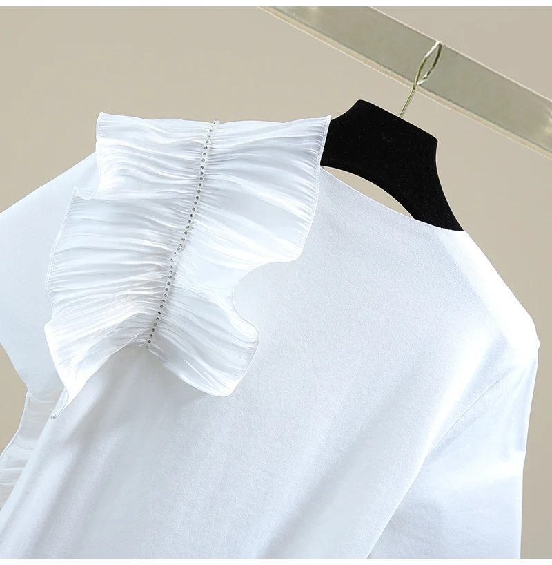 

2021 Summer Ruffled Pleated Stitching Diamond Women Top Tee Korean Loose Solid Casual Short Sleeve Stretch Ladies T-shirt