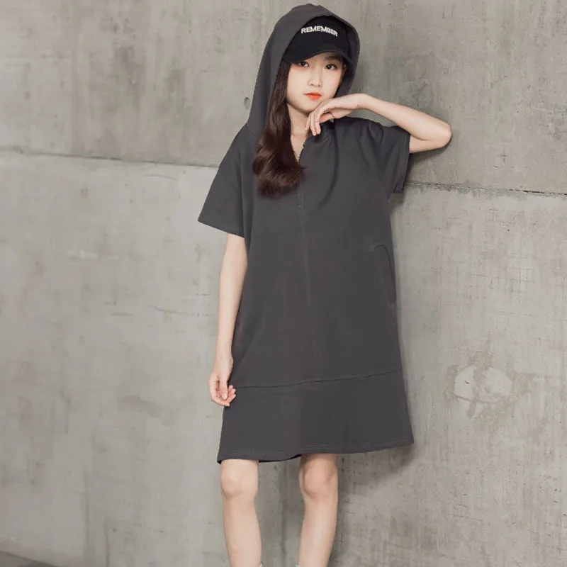 

Летнее Хлопковое платье для девочек, Повседневное платье с капюшоном и карманами для подростков, спортивная одежда, 2021