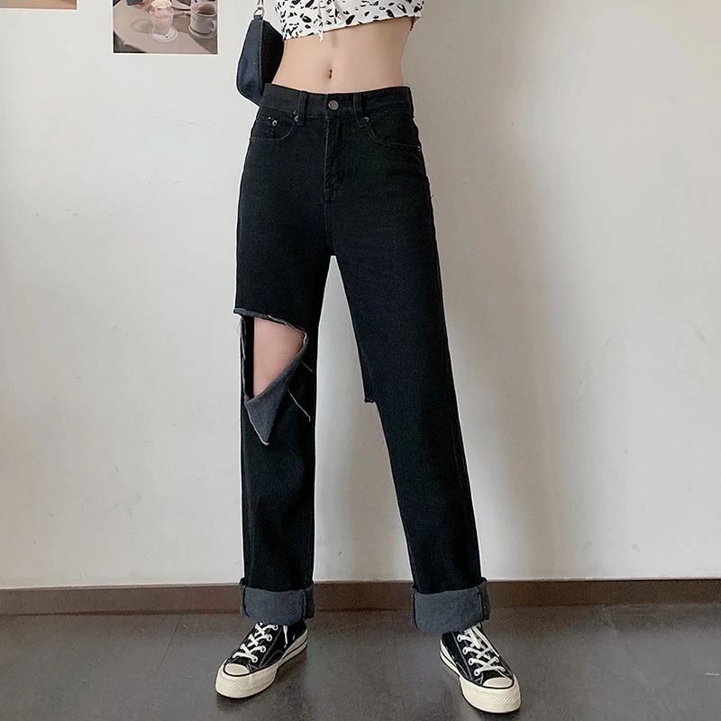 

High Waist Black Casual Pants Women Spring autumn 2021 Double Pockets Hole Boyfriends Long Pants Female Loose Jeans
