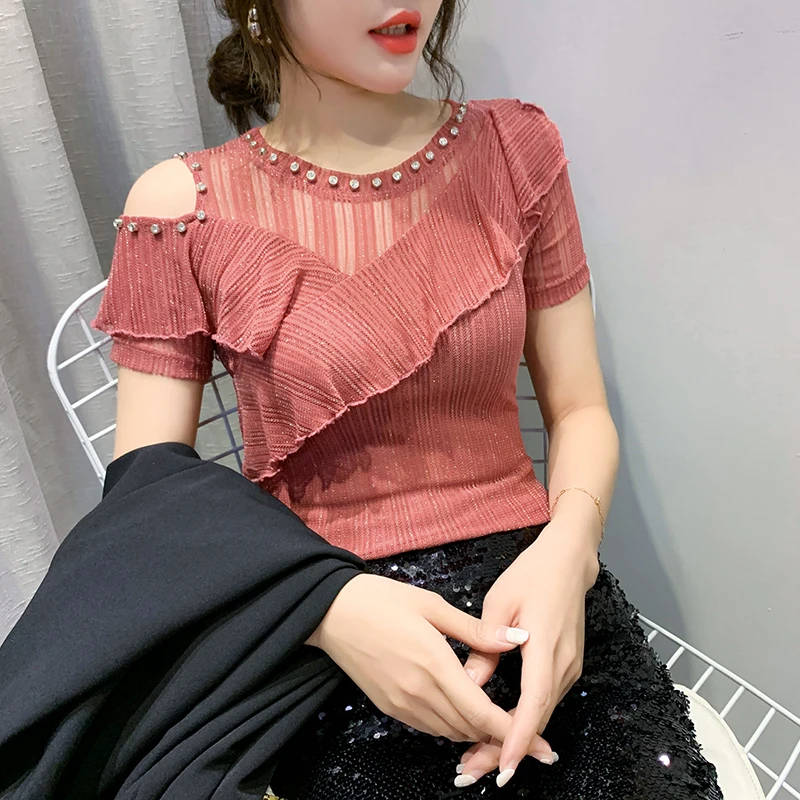 

Spring Summer Mesh Off-shoulder Short-sleeved T-shirt Fashion Slim Bright Silk Top Fashion Korean Sexy Off-shoulder Ruffled Tee
