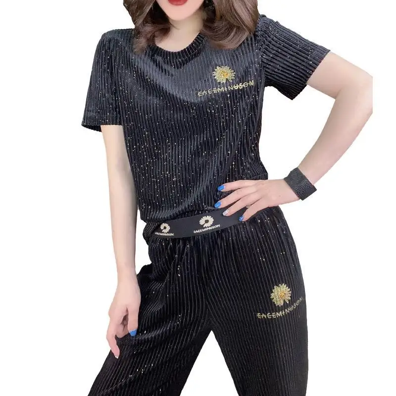 

Temperament age reduction stripe short sleeve T-shirt pants fashion suit Europe station 2020 summer women's new European fashion