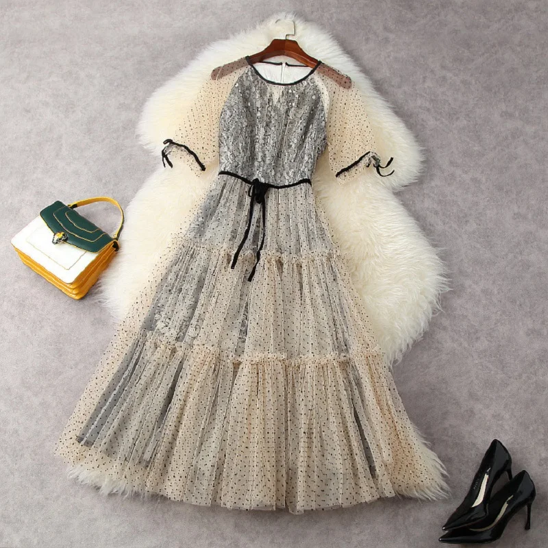 

Бальное платье, винтажное вечернее женское платье в горошек, Сетчатое кружевное лоскутное винтажное платье до середины икры с коротким рук...