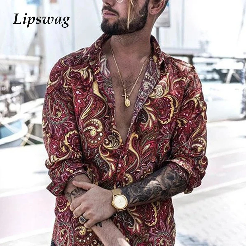 Рубашка мужская с длинным рукавом винтажная пляжная повседневная цветочным