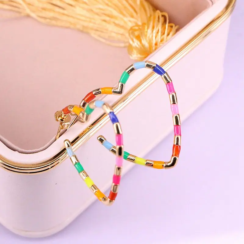 

6Pairs, 30MM, Fashion Enamel Heart Geometric Stud Earrings Sweet Romantic Rainbow Earrings for Women Party Jewelry