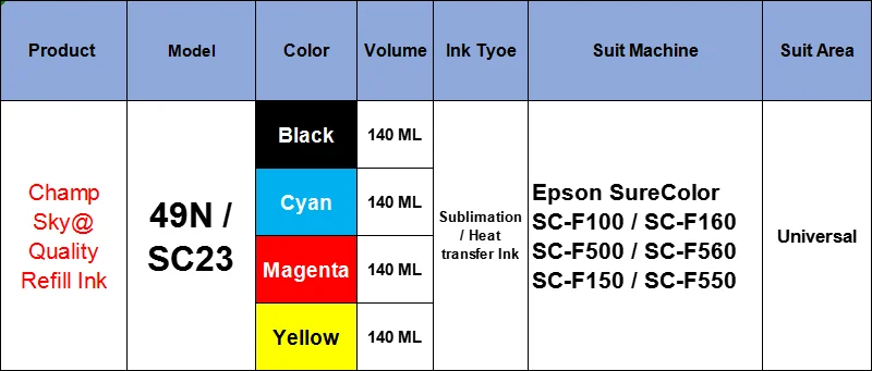 Сублимационные чернила премиум-класса SKY T49N1 T49N2 T49N3 T49N4 SC23 для Epson SureColor SC-F100 SC-F160 SC-F500 SC-F560 SC-F150 SC-F550 (art.: 3920dcf63e028) - 3920dcf63e028