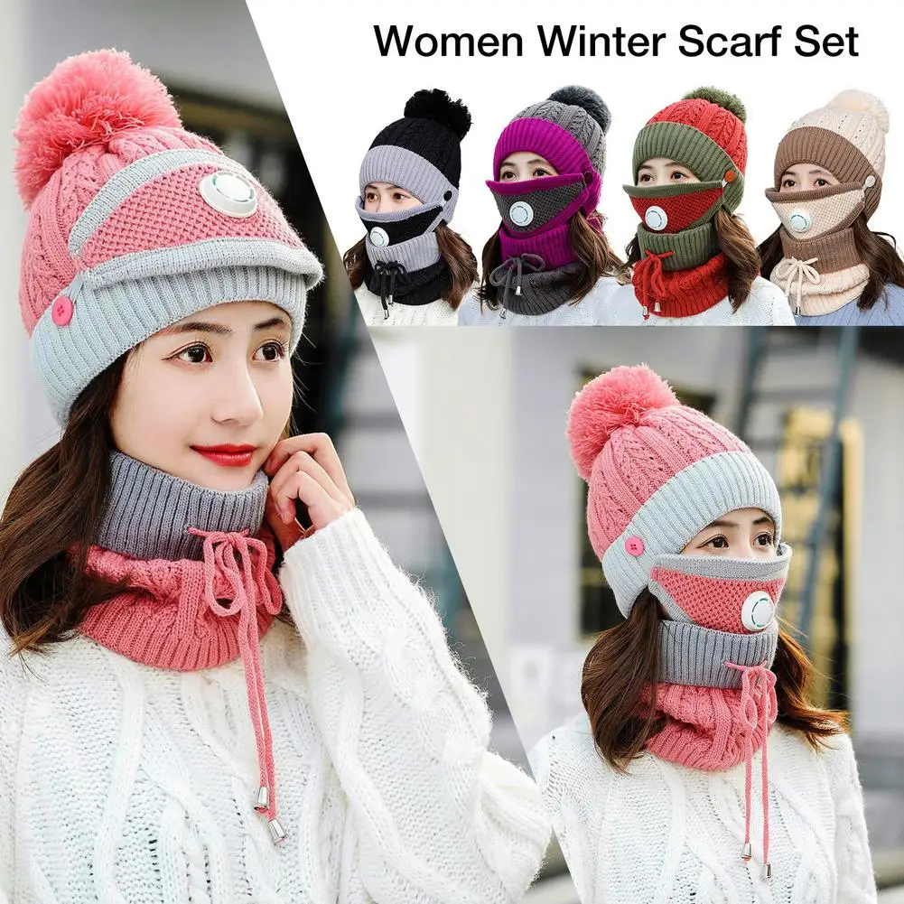

Winter Mask Hat Scarf Set Thick Warm Women Winter Accessories Fleece Inside Knitted Hat Scarf Set 3pcs Winter Riding Hats