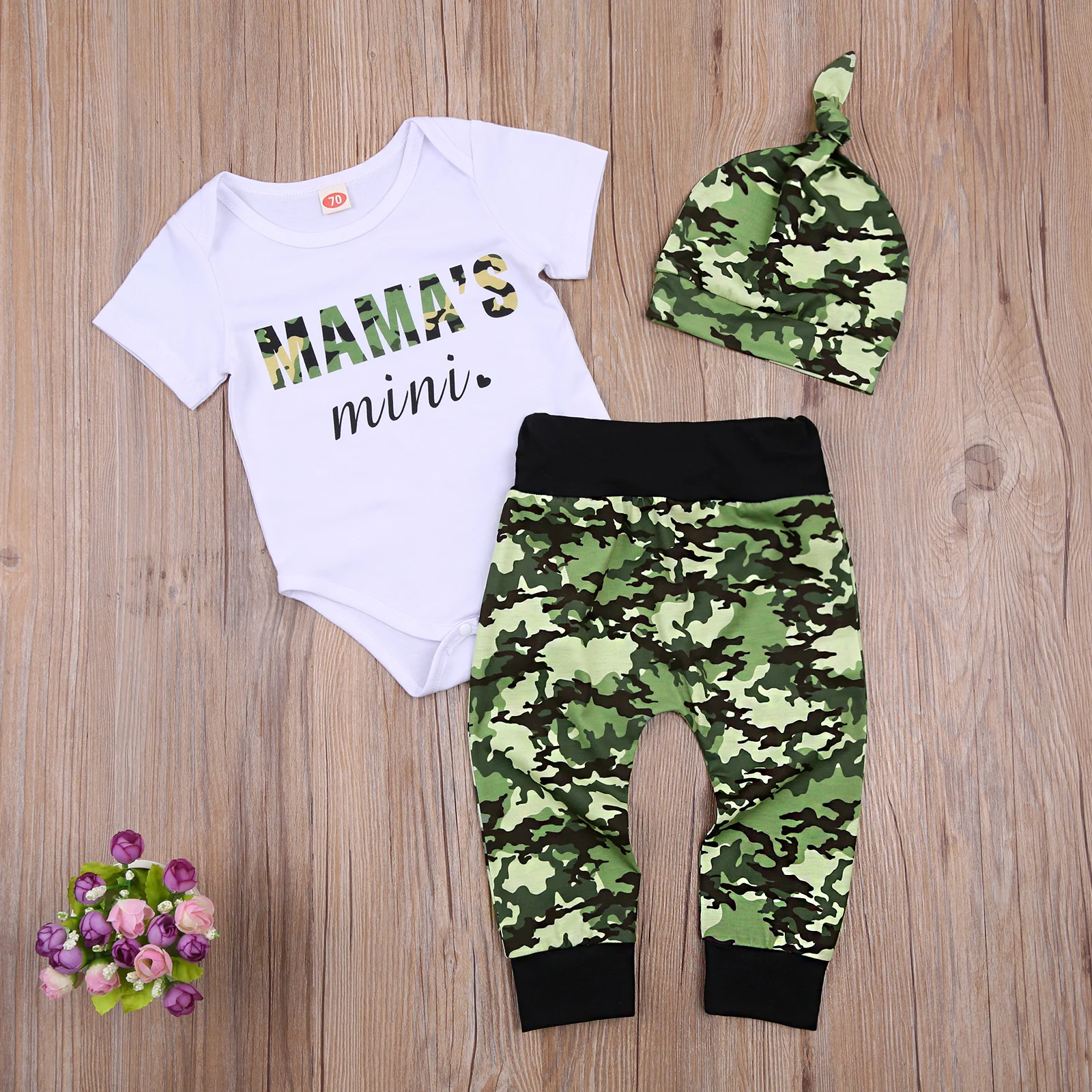 

OPPERIAYA Newborn 3Pcs Summer casual Set Short Sleeve Letter Printed round neck Bodysuit with Camouflage print Pants and Hat