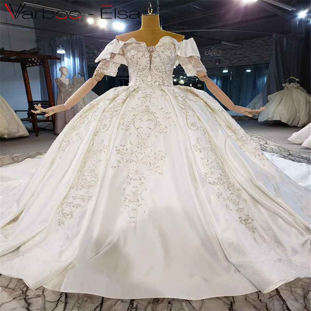 

Varboo-Elsa 2021 Luxury Elegant White Elegant Wedding Dress Long Sleeve Pearl Beaded Gold Lace Cap Sleeves Bridal Gowns Dubai