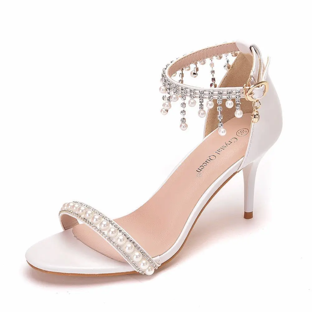 

7cm sexy temperament one line heel shallow mouth thin high heel sandals white thin heel Beaded tassel Sandals Size