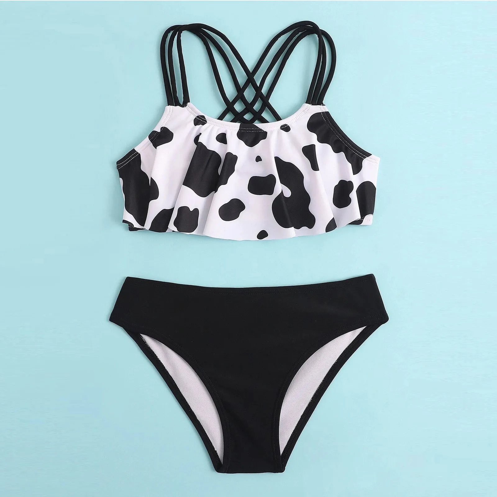 

Cow Floral Print Girls' Summer Cute Crisscross Back Three-Piece Swimsuit Summer Swimwear and Swimming Trunks traje de bano