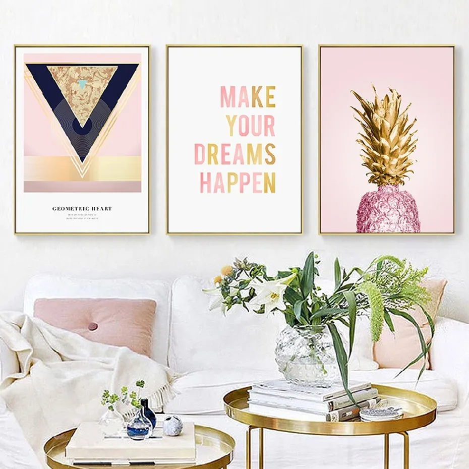 

Canvas Paintings Nordic New Ins Gilded Fruits Banana Pink Pineapple Poster Print Wall Art Pictures Living Room Decoration