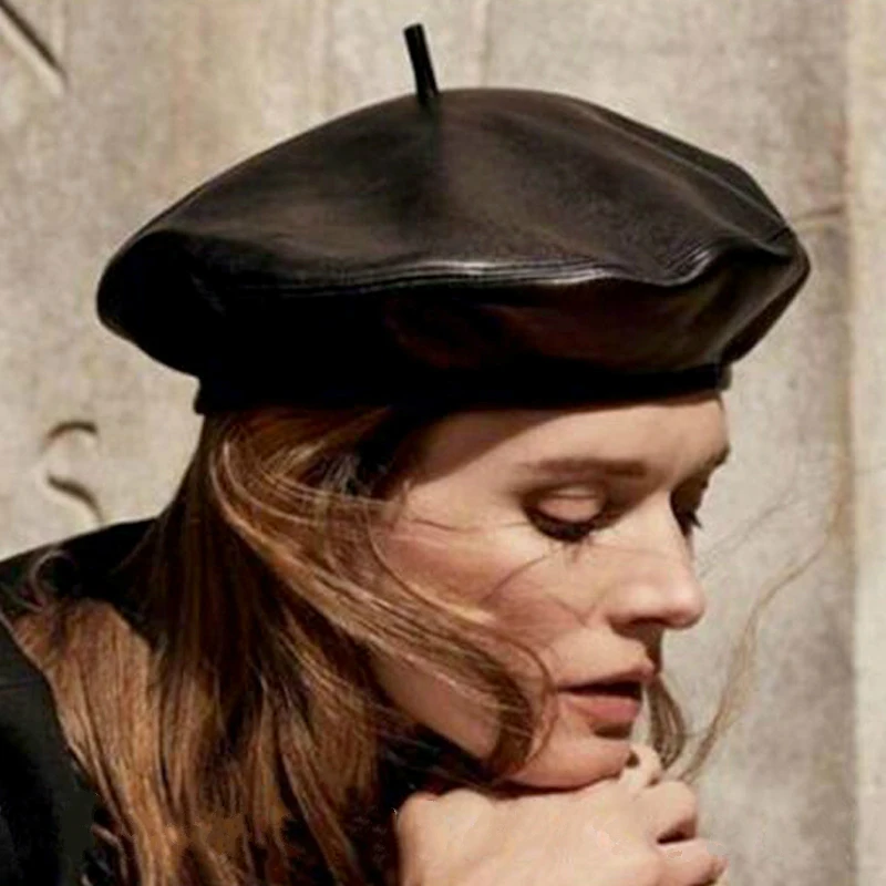 Кожаная шапка Корейская мода Англия Pu кожаный берет осень Тыква малярные Шляпы