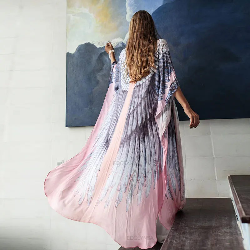

2021 Pink Bohemian Chic Feather Wings Dress Holiday Clothing Robe Plus Size Tunic Women Summer Beachwear Loose Dresses A926