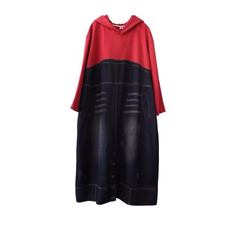 

Patchwork Hooded Denim Dress Women Spring Autumn Plus size Long Sleeve Party cowboy Dress Oversize Baggy Pockets Vintage Dress