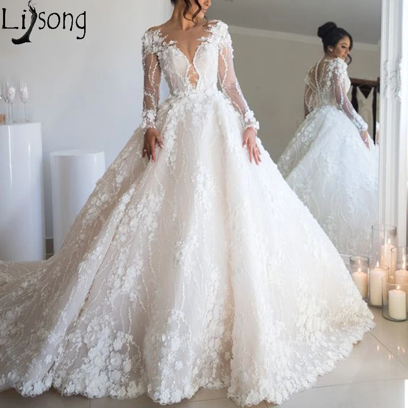 Vestido de noiva свадебное платье с длинными рукавами Иллюзия шеи кружевная Апликация элегантный стиль, для невесты, для свадьбы платья корт поезд платье невесты
