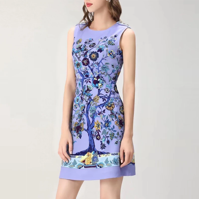 

2021 Summer Fashion Runway Mini Dress Women Sleeveless Button Beading Flower Printed Sexy Short Dress