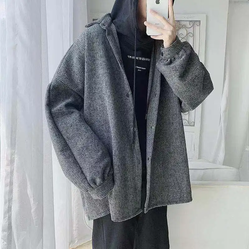 

2021 Japanese Style Men's Retro Thick Fabric Long Sleeves Shirts Loose Fashion Trend Coats Casual Shirts Black Camisa Masculina