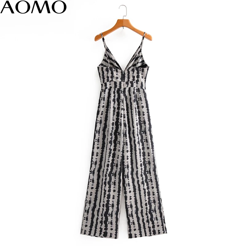 

AOMO fashion Women summer print long jumpsuit strap adjust pocket v neck bow female casual Jumpsuit 1F116A