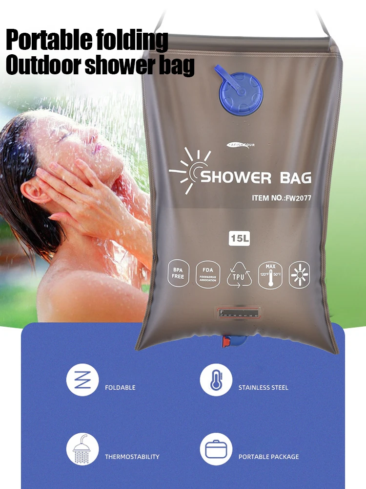 

Solar Shower Bag Set TPU Outdoor 15L Water Container With Detachable Hose Bath Head Folding Shower Bag For Camping Hiking