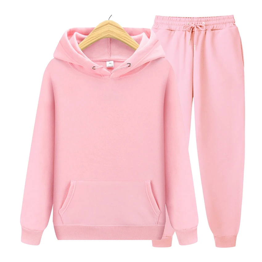 

New Men's Women Solid Color Long Sleeved Hooded Sweatshirt and Pant Jogging Set Casual Winter Warm Hoodies Tracksuit Sport