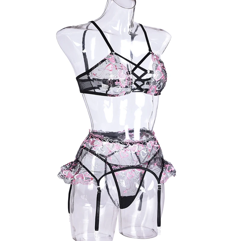 

2021 Summer New Women's Lace Sexy Underwear Set Love Embroidery Women's Underwear Lace Temptation Transparent Sexy Underwear