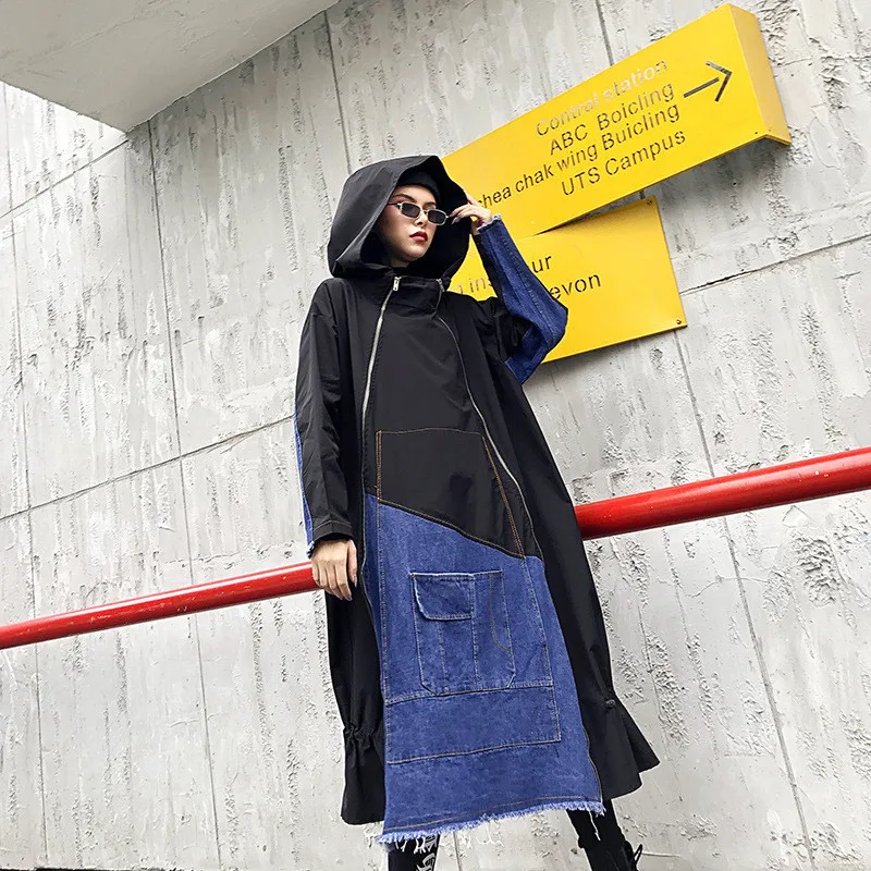 

new Plus Size Women's 2020 Spring Autumn Windbreaker Coat Women vintage loose Denim Stitching Hooded Long Trench Coats M161