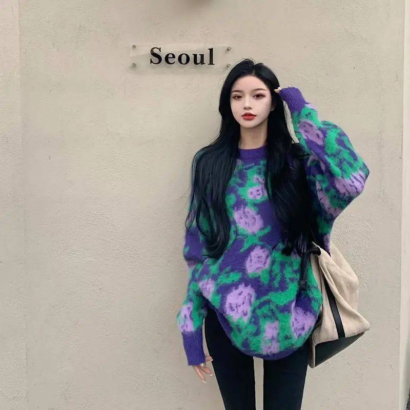 

Женский свободный свитер с принтом, утепленные пуловеры с круглым вырезом и длинным рукавом, вязаные топы на осень и зиму, 2021, P559