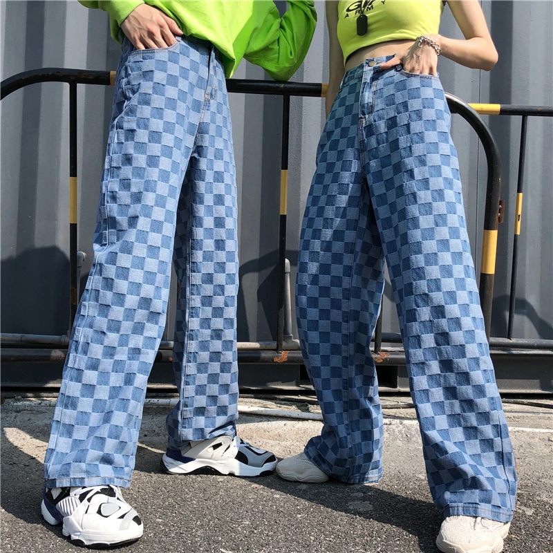 

SHENGPALAE 2022 New Autumn Winter Loose Big Size Trousers High Waist Personality Plaid Printing Women Wide Leg Pants FU055