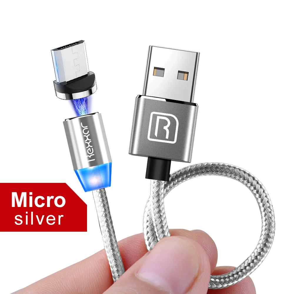 Silver Micro Rexxar, магнитный кабель для iPhone, samsung, быстрая зарядка, Micro USB кабель, шнур, магнитное зарядное устройство, usb type C, 1 м, 2 м, кабели для мобильных телефонов - Цвет: Silver Micro