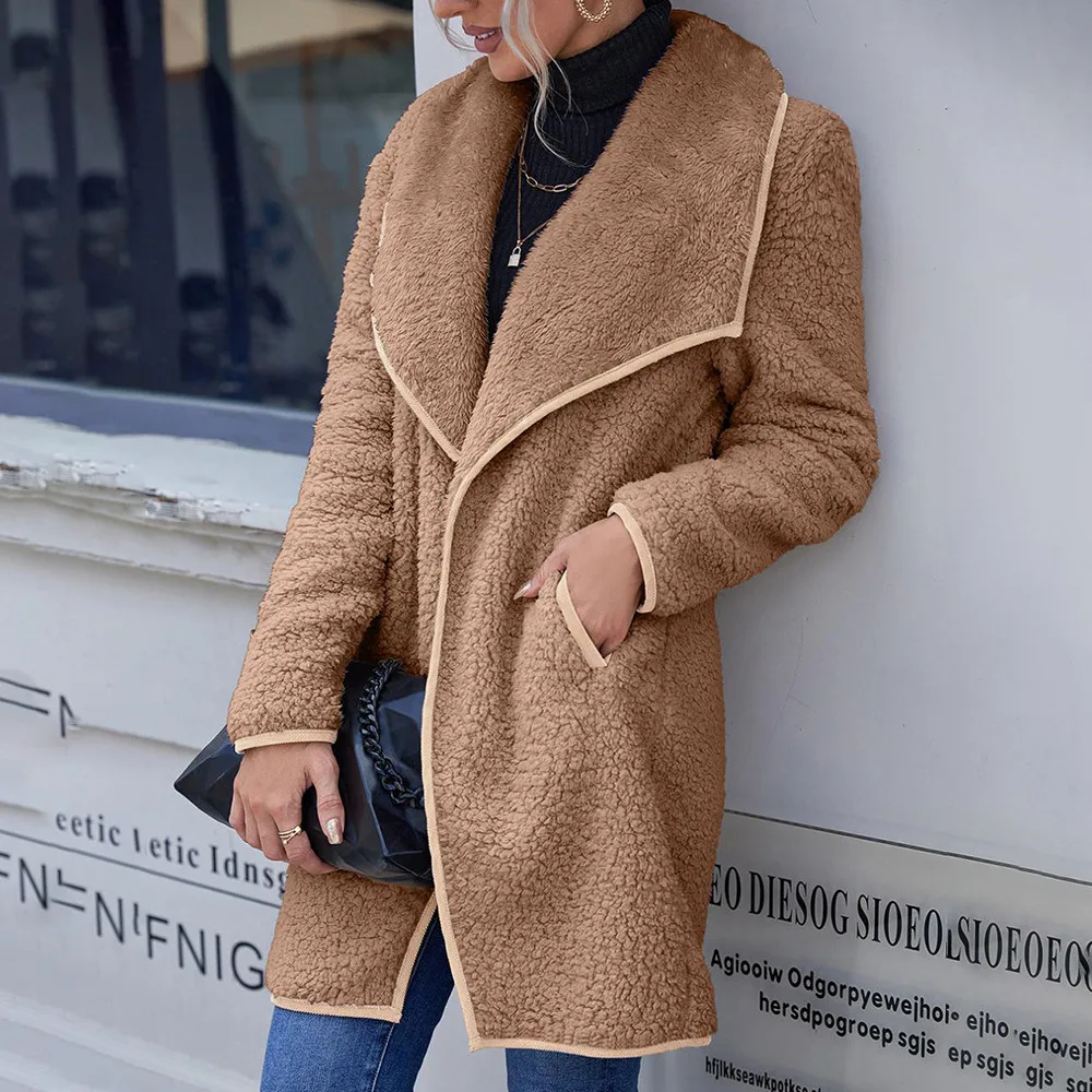 

Зимнее теплое Женское пальто с карманами, прямая Осенняя Повседневная двухсторонняя плюшевая куртка с отворотом, Ветровка из ягненка, модн...