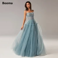 booma dusty blue tulle maxi prom dresses bow straps floor length a line wedding party dresses open back formal evening gowns