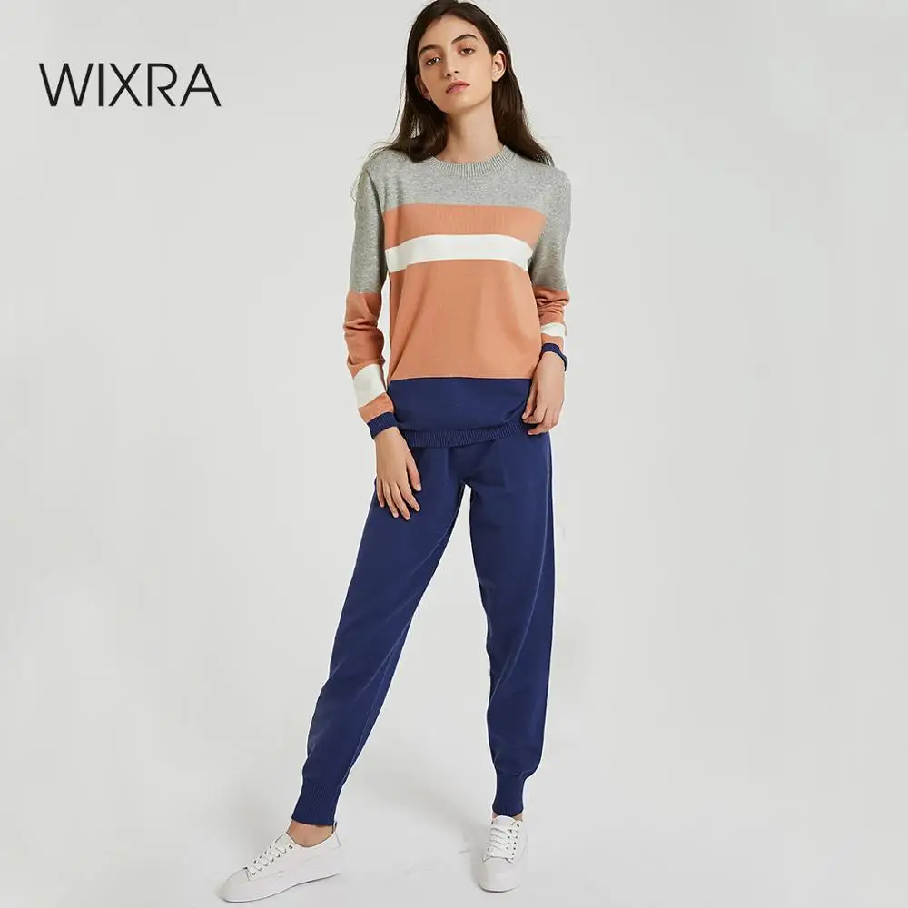 Wixra Женские повседневные трикотаж костюм комплект с длинным рукавом свитер брюки