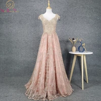 gold evening dresses 2021 a line lace appliques beaded crystal cap sleeves long floor length prom gowns formal party stock