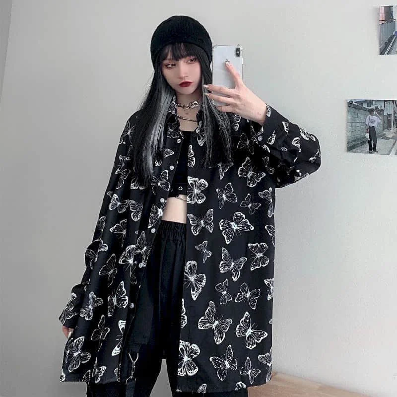 

Spring Summer Harajuku Blouse Women Loose Long Sleeves Casual Shirts Printed Butterflies Woman Tops Streetwear Female Clothing