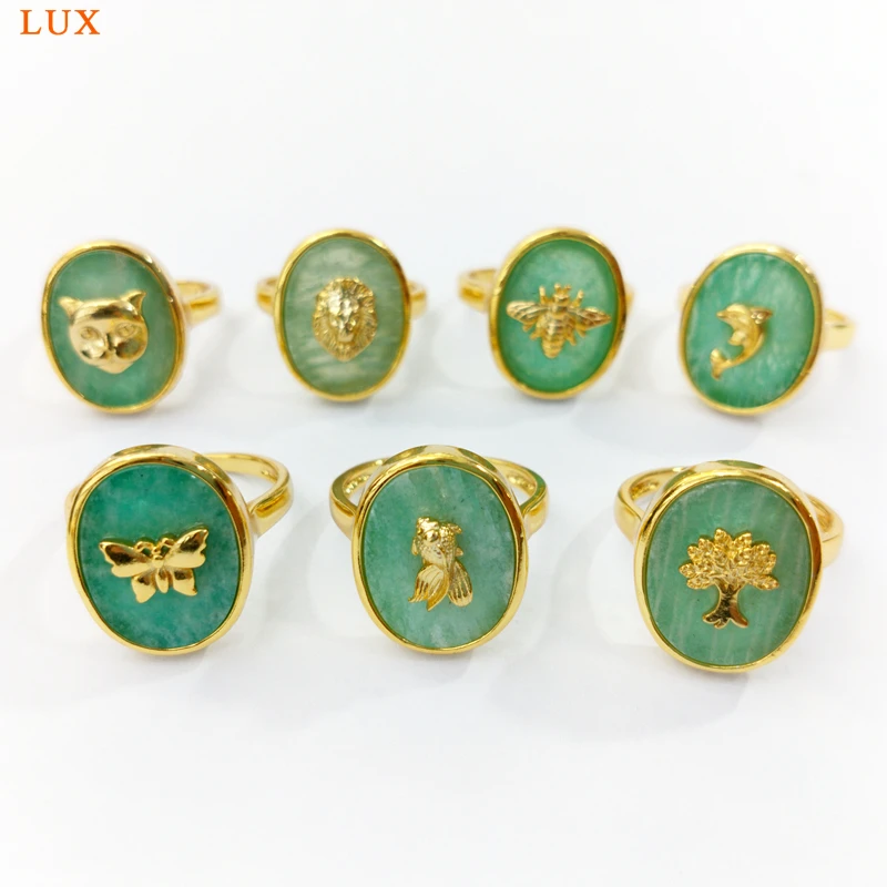 Роскошные позолоченные кольца из натурального амазонита драгоценные камни