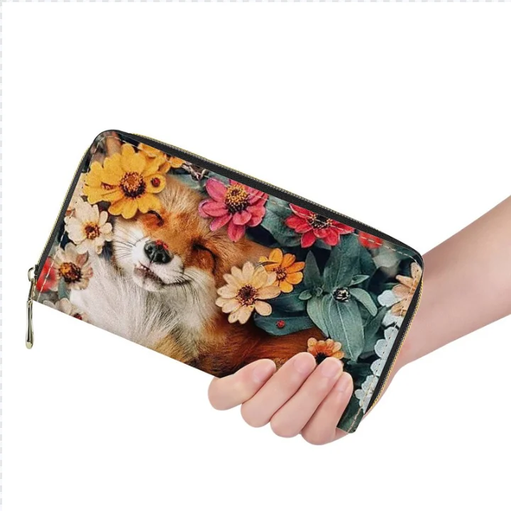 Floral Fox Pattern Girls Fashion PU Long Wallets 3D Printed Women Leather Purses Clutch Phone Bag with Zipper Coin Wallet