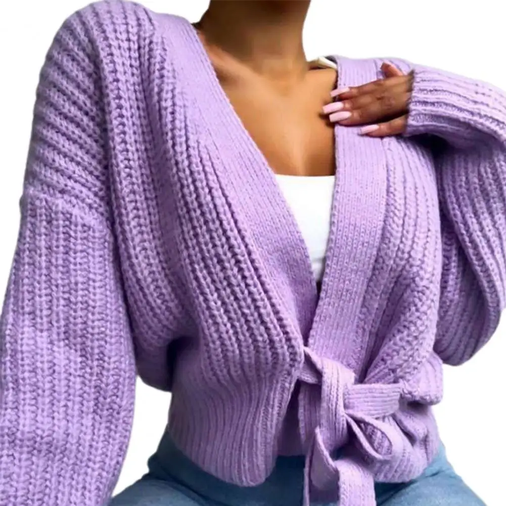 

Plus Size Women Sweater 2021 Solid Color V Neck Knitwear Loose Lace Up Long Lantern Sleeve Cardigan Sweater