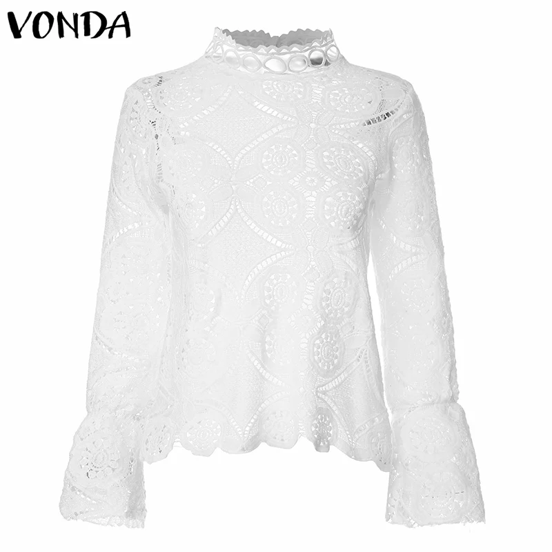 Кружевные белые блузки VONDA 2020 сексуальные повседневные рубашки с круглым вырезом