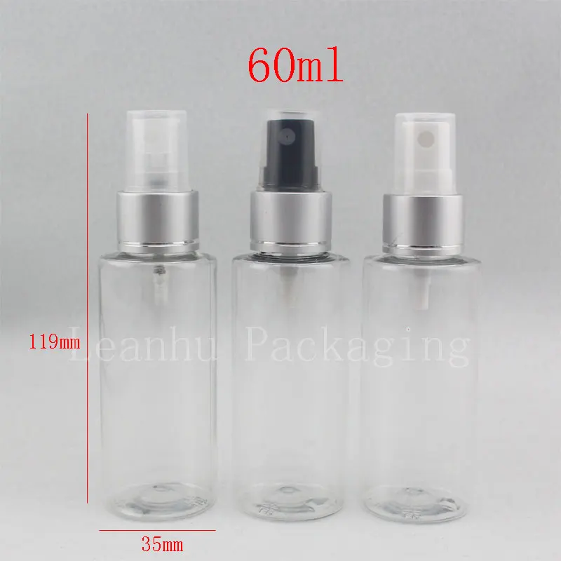 

60ml X 50 Clear Refillable Plastic Cosmetic Bottle 2oz Perfume Mist Sprayer Bottle 60cc Silver Aluminum Cap Bottle