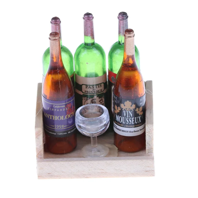 1 набор миниатюрных бутылок для винного сока деревянная стойка 1:12 кукольный