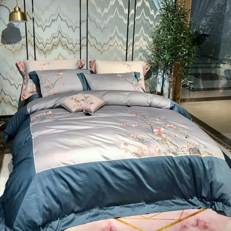 Chic Chinoiserie style Flowers Embroidered Gray Blue Duvet Cover set 600TC Egyptian Cotton 4Pcs Bedding Bed Sheet Pillowcase | Дом и сад