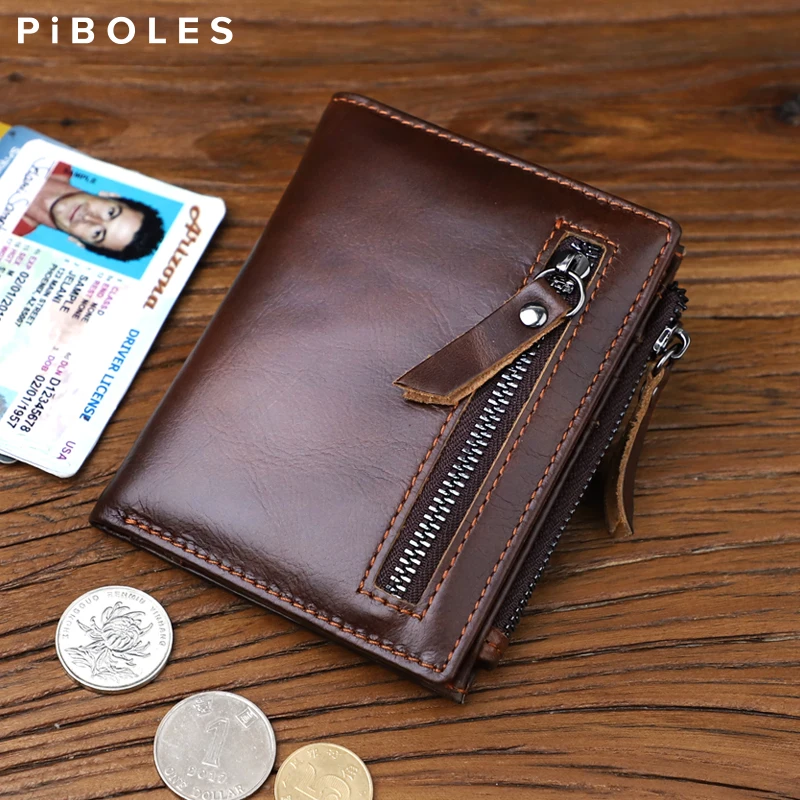 Genuine Leather Men's Wallet Handmade Card Holder Short Wallet With Zipper Coin Pocket Portable Fold Short Wallets