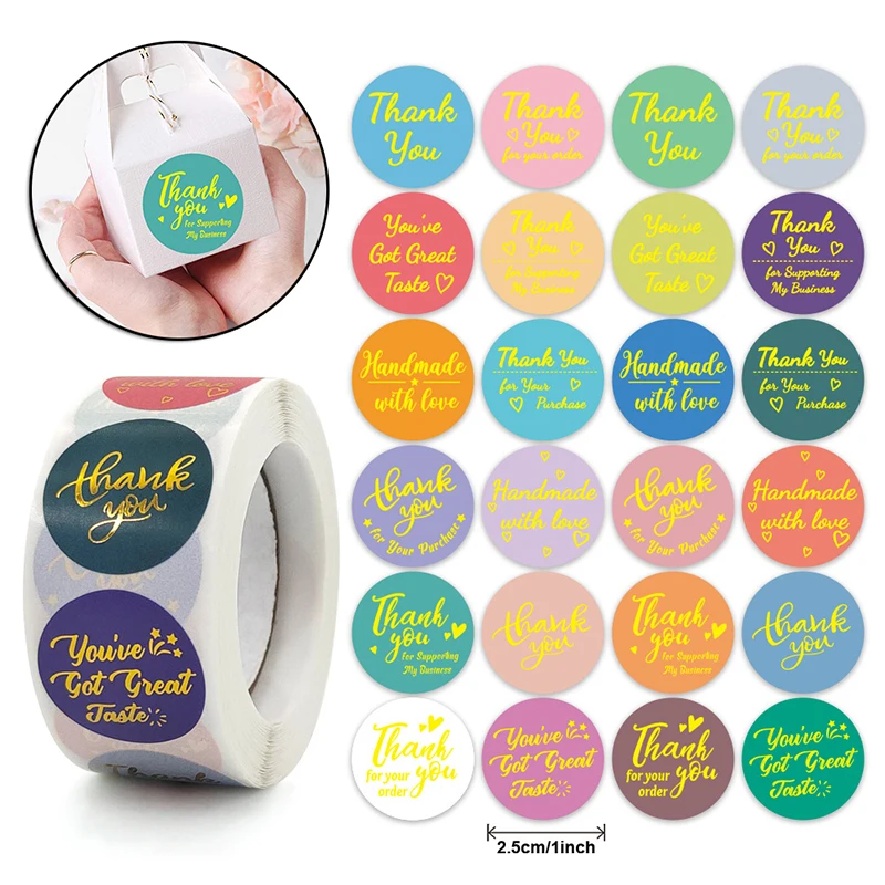 

Bronzing Thank You Stickers Roll Colorful 500-Count Stickers Round for Wedding Birthday Party Favor Holiday Celebration QJY99