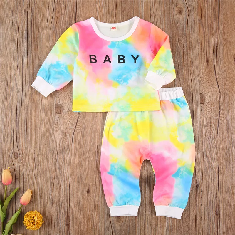 

2 Pcs Newborn Tie-dye Outfits Lovely Infant Baby Girls Autumn Winter Long Sleeve Round Neck Letter Print Top+Elastic Waist Pants