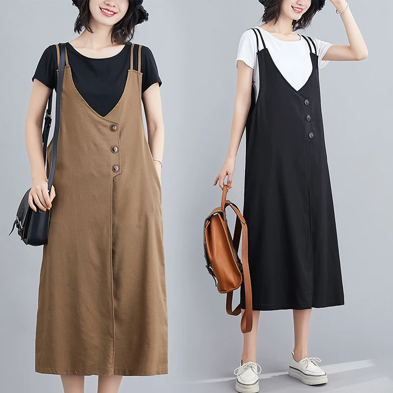 

Новинка лета 2020, артистичное платье большого размера на подтяжках из хлопка и льна, свободное, приталенное, однотонное, повседневное, с прям...