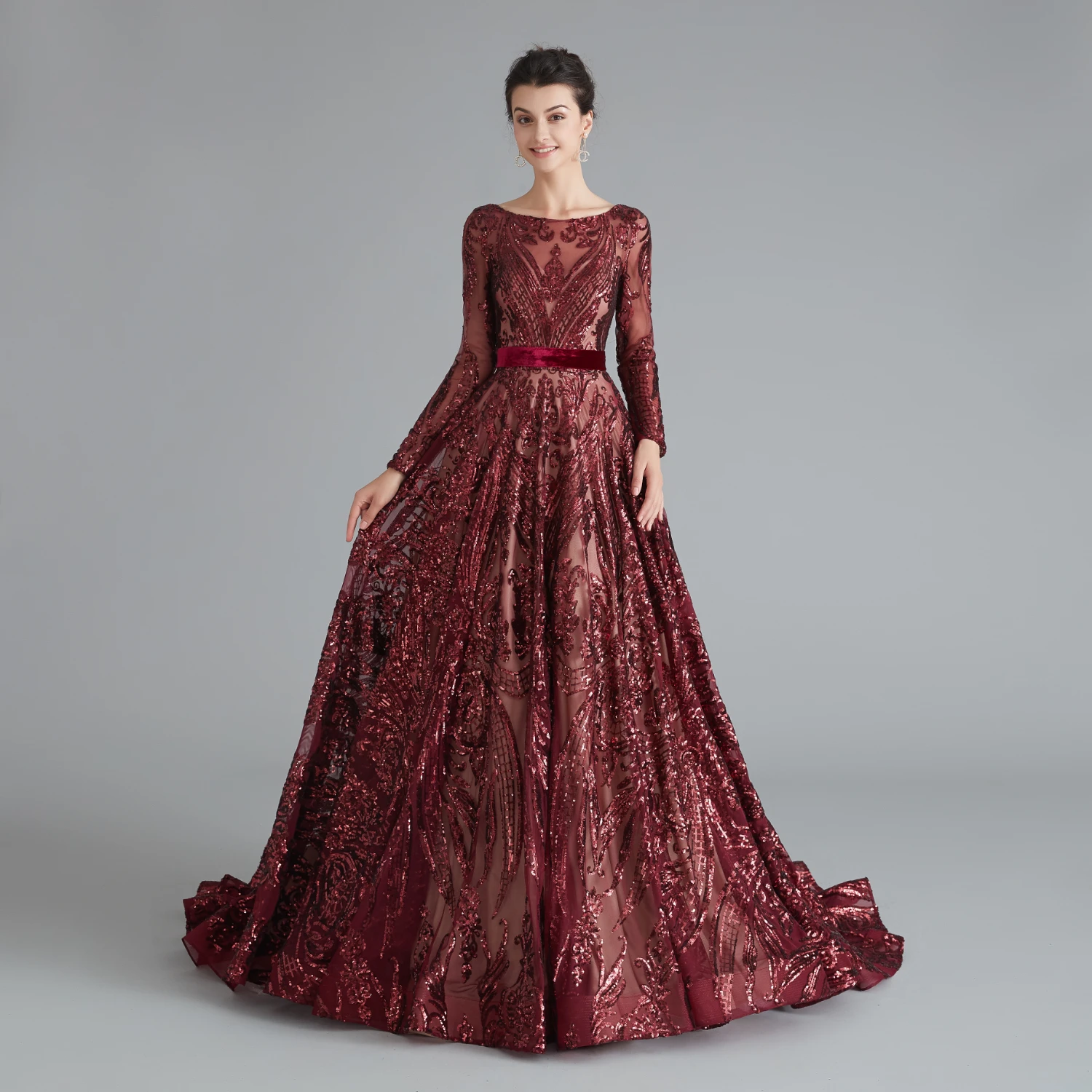 Vivian's Bridal Boho Sequin Кружева Аппликация вечернее платье Сексуальная Иллюзия с длинным рукавом o-образным вырезом спинки пушистое элегантное платье - Цвет: wine