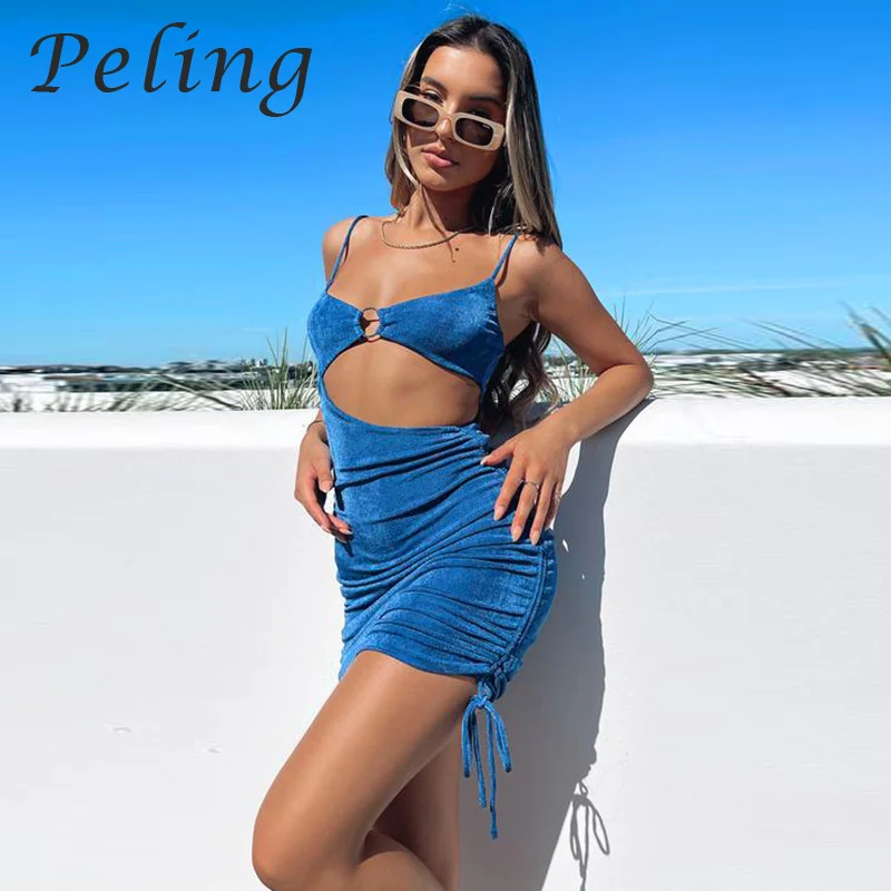 

Peling Fashion Women Summer Knitting Dress V-Neck Hollow Out Drawstring Short Dress Sexy Beach Bodycon Dresses Female Vestidos